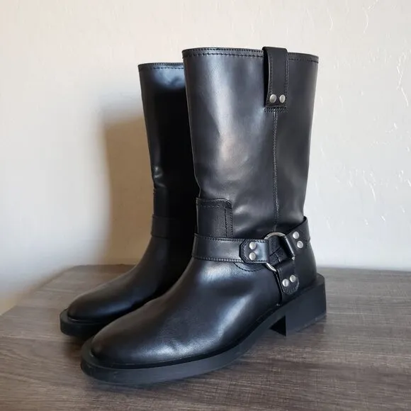 Zara Low Heel Pull-On Biker Boots Buckle Black Sz Women's 8 EU 39 Moto Edgy Goth