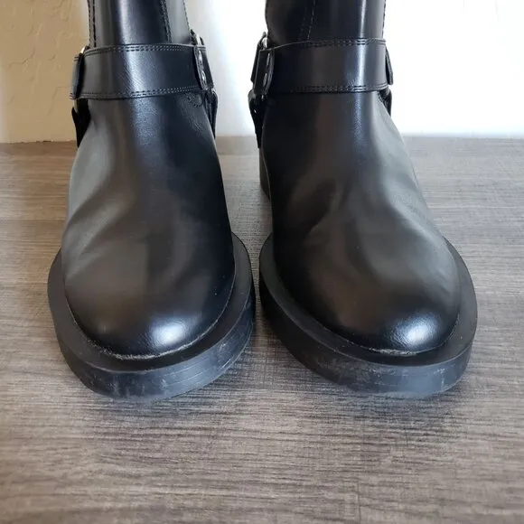 Zara Low Heel Pull-On Biker Boots Buckle Black Sz Women's 8 EU 39 Moto Edgy Goth