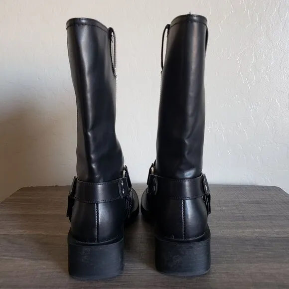 Zara Low Heel Pull-On Biker Boots Buckle Black Sz Women's 8 EU 39 Moto Edgy Goth
