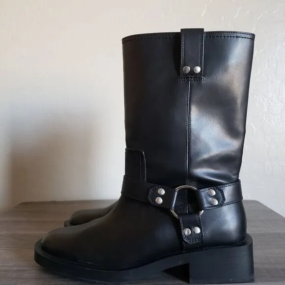 Zara Low Heel Pull-On Biker Boots Buckle Black Sz Women's 8 EU 39 Moto Edgy Goth