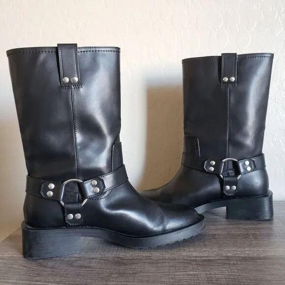 Zara Low Heel Pull-On Biker Boots Buckle Black Sz Women's 8 EU 39 Moto Edgy Goth