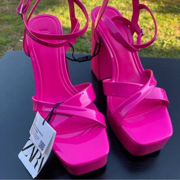 ZARA NEON PINK PATENT STRAPPY CHUNKY PLATFORM HEEL SANDALS SIZE 9