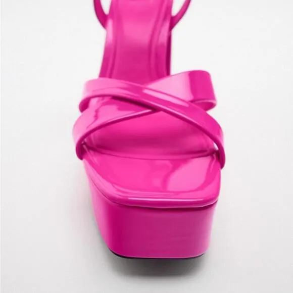 ZARA NEON PINK PATENT STRAPPY CHUNKY PLATFORM HEEL SANDALS SIZE 9