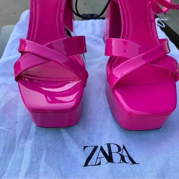 ZARA NEON PINK PATENT STRAPPY CHUNKY PLATFORM HEEL SANDALS SIZE 9