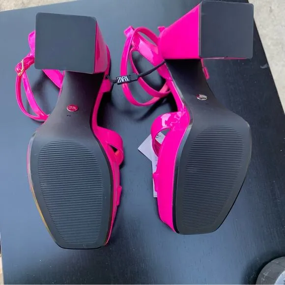 ZARA NEON PINK PATENT STRAPPY CHUNKY PLATFORM HEEL SANDALS SIZE 9