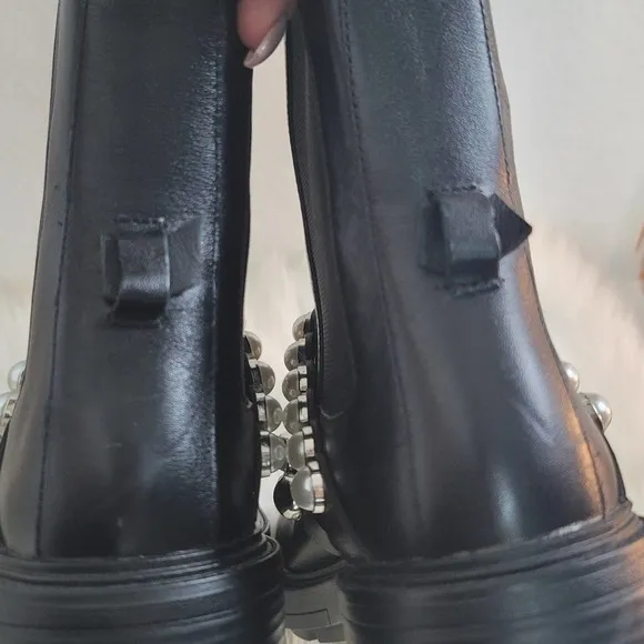 ZARA NWT PEARL STRAPPED LOW HEEL VEGAN LEATHER ANKLE BLACK  BOOTS WOMEN'S SZ 6.5