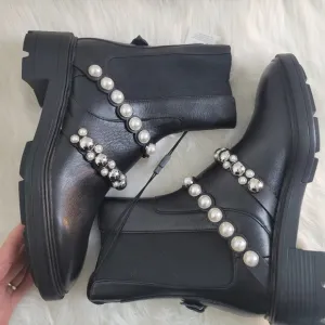 ZARA NWT PEARL STRAPPED LOW HEEL VEGAN LEATHER ANKLE BLACK  BOOTS WOMEN'S SZ 6.5