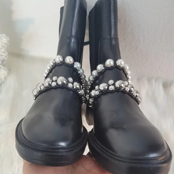 ZARA NWT PEARL STRAPPED LOW HEEL VEGAN LEATHER ANKLE BLACK  BOOTS WOMEN'S SZ 6.5