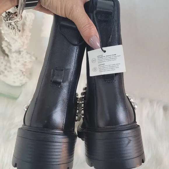ZARA NWT PEARL STRAPPED LOW HEEL VEGAN LEATHER ANKLE BLACK  BOOTS WOMEN'S SZ 6.5