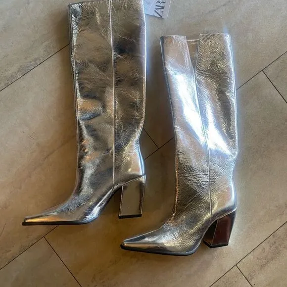 ZARA silver boots with thick cowboy heels size 36 NEW