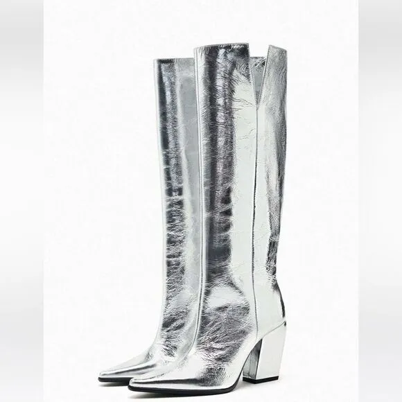ZARA silver boots with thick cowboy heels size 36 NEW