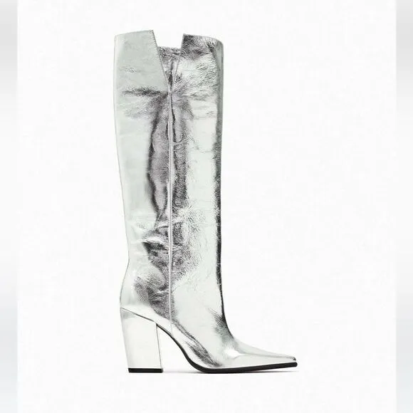 ZARA silver boots with thick cowboy heels size 36 NEW
