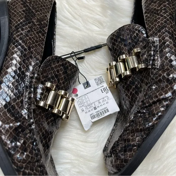 Zara Square Toe Snakeprint Brown Heeled Loafer Heels Work Shoes Size 38