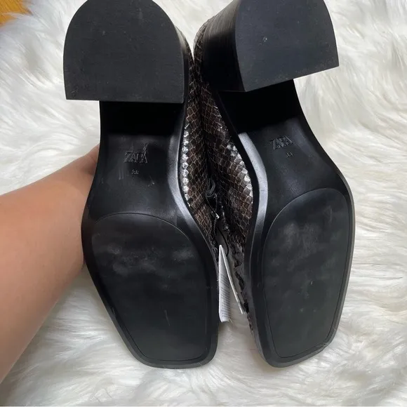 Zara Square Toe Snakeprint Brown Heeled Loafer Heels Work Shoes Size 38