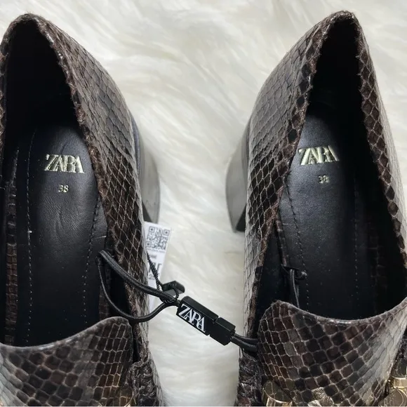 Zara Square Toe Snakeprint Brown Heeled Loafer Heels Work Shoes Size 38
