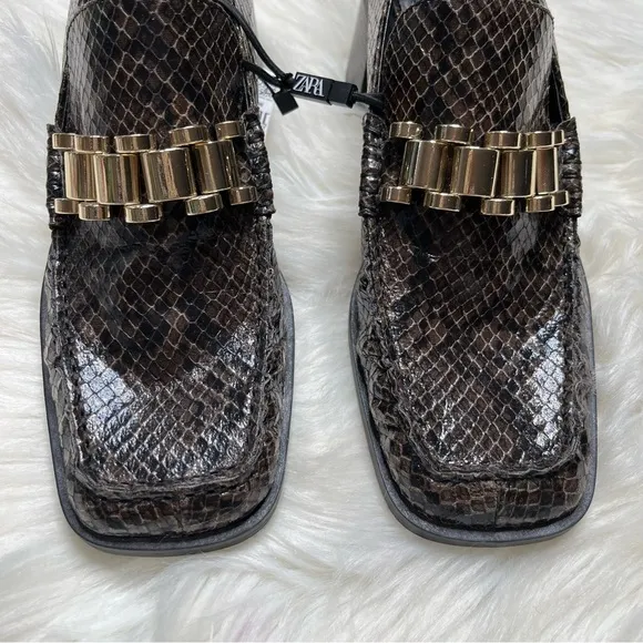 Zara Square Toe Snakeprint Brown Heeled Loafer Heels Work Shoes Size 38