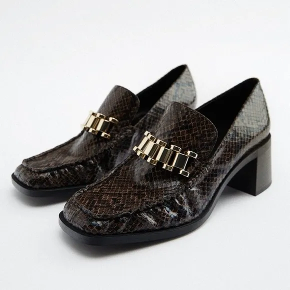 Zara Square Toe Snakeprint Brown Heeled Loafer Heels Work Shoes Size 38