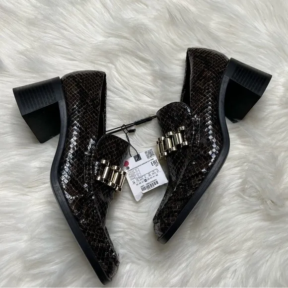 Zara Square Toe Snakeprint Brown Heeled Loafer Heels Work Shoes Size 38