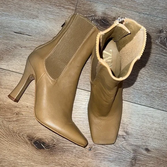 Zara Tan Leather High Heel Ankle Boots Size 37/7
