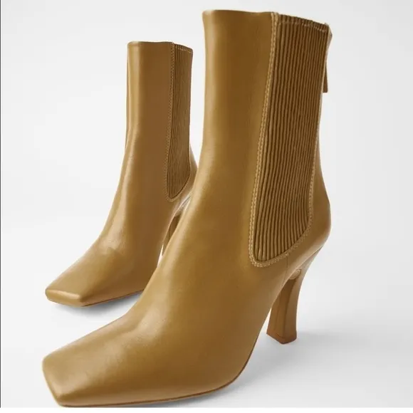 Zara Tan Leather High Heel Ankle Boots Size 37/7