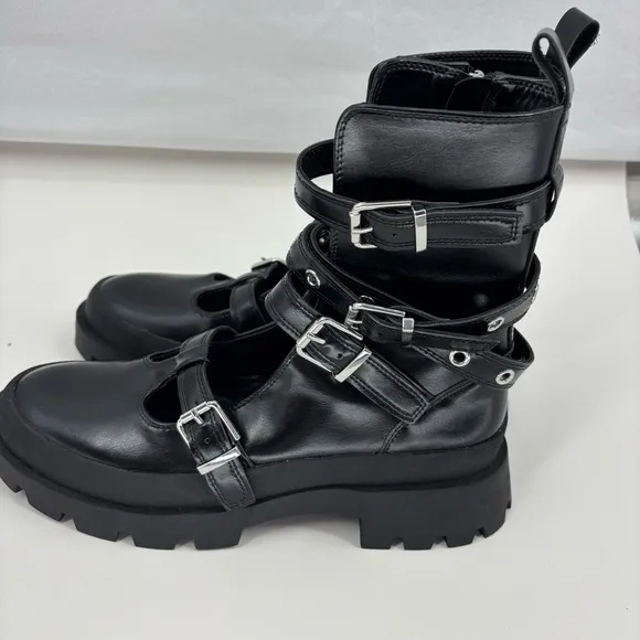 Zara Women's 10 Black Buckle Strap Boots Platform Mary Jane’s