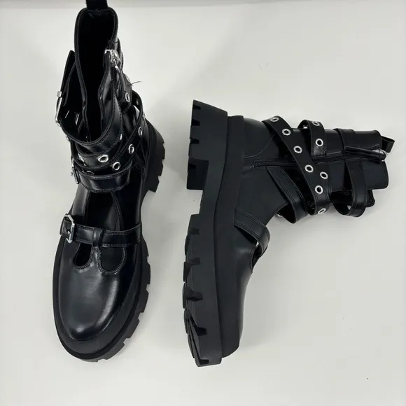 Zara Women's 10 Black Buckle Strap Boots Platform Mary Jane’s