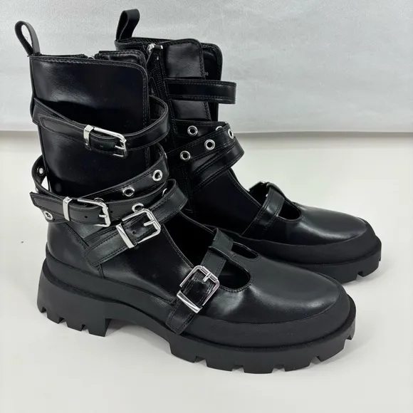 Zara Women's 10 Black Buckle Strap Boots Platform Mary Jane’s