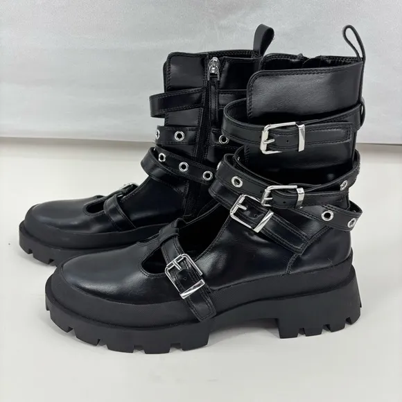 Zara Women's 10 Black Buckle Strap Boots Platform Mary Jane’s