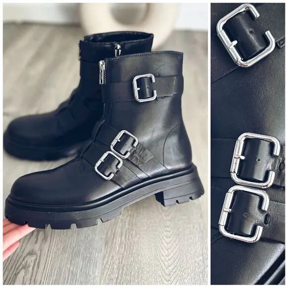Zara Lug Sole Genuine Leather Boots Buckles New