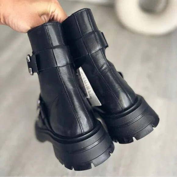 Zara Lug Sole Genuine Leather Boots Buckles New